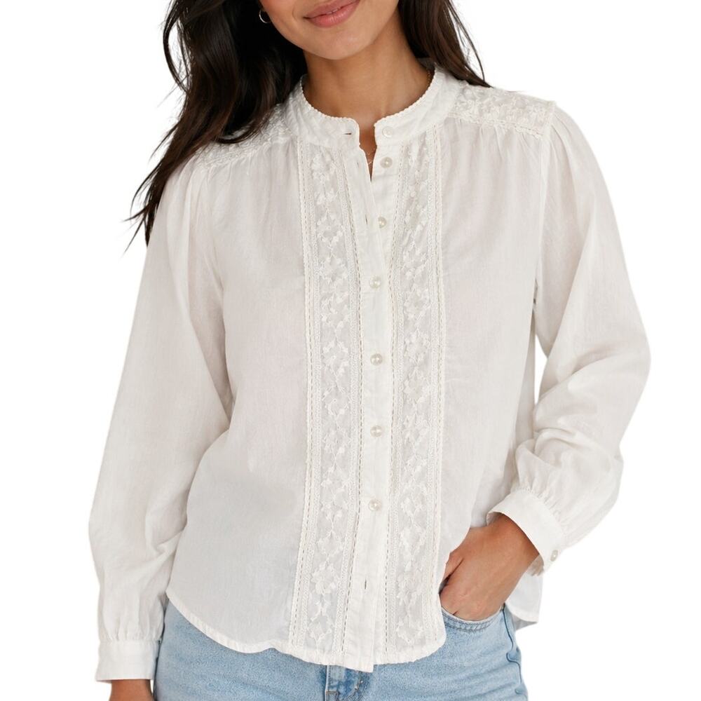 Lucky Brand Embroidered Cotton Blouse White XS Romantic Boho Prairie